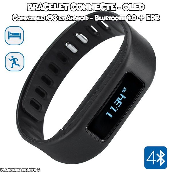 Bracelet connecté - Sport et sommeil, écran OLED - Noir