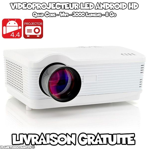 Vidéoprojecteur LED HD Android 4.4 - 3000 Lumens, Quad Core, 8Go - Blanc