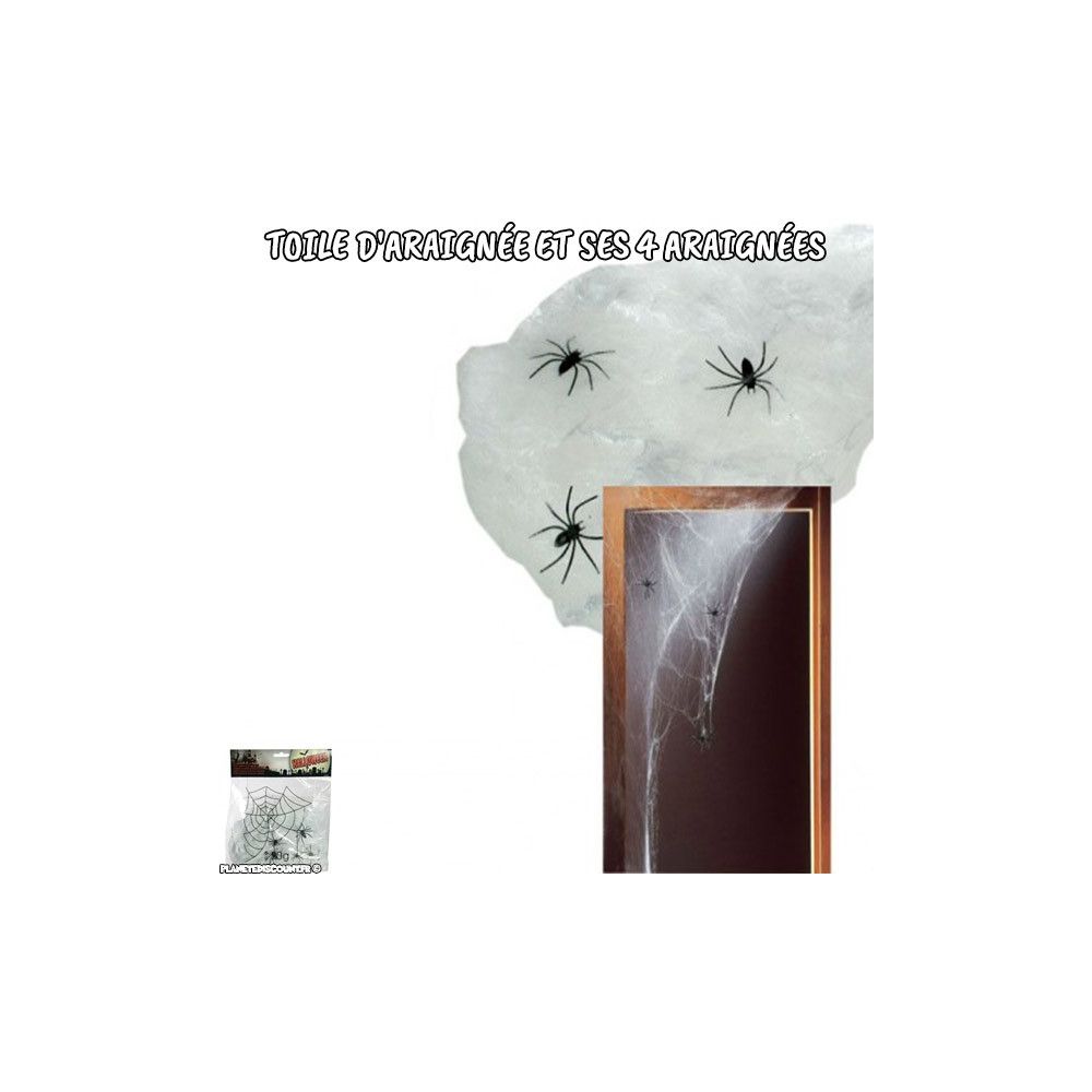 Toile d'araignée et ses 4 araignées. La toile d'araignée avec ses 4 araignées noires à prix discount. Spécial Halloween !