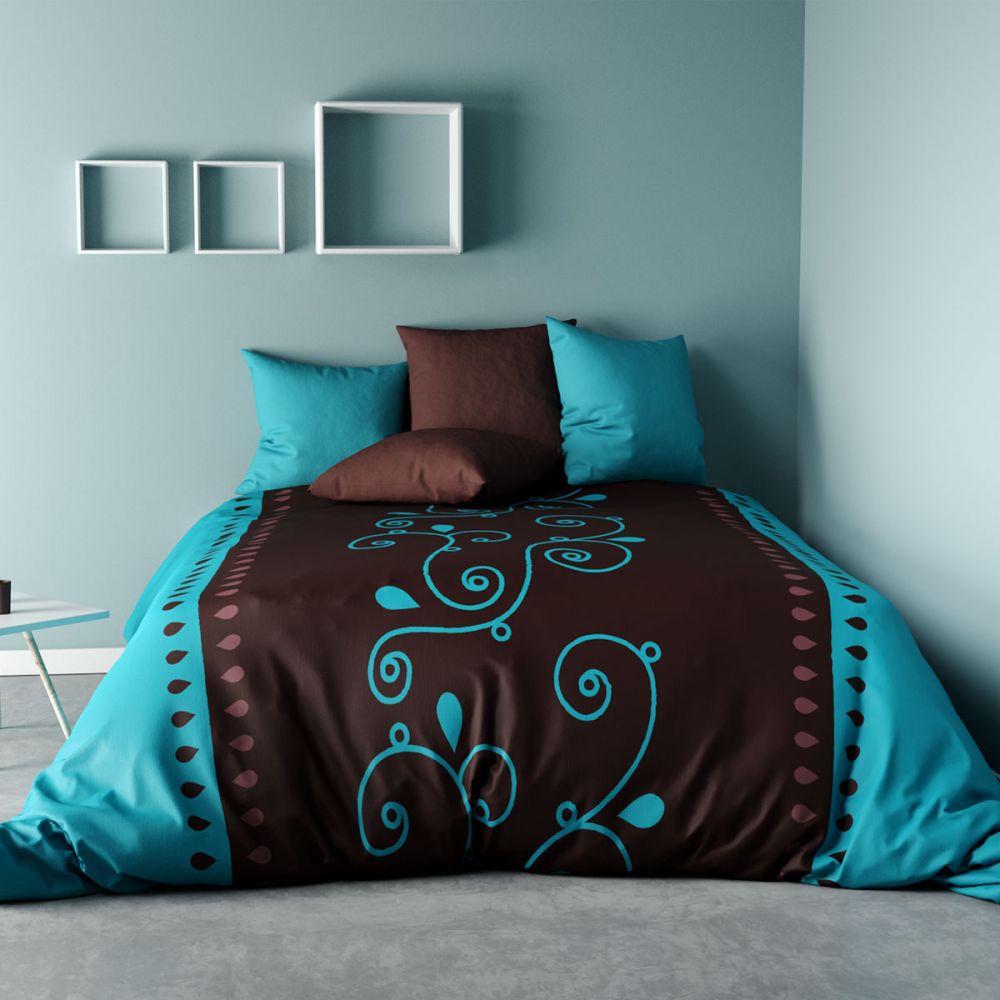 Parure de couette 140x200 100% Coton 57 fils Choco/Turquoise HOUSSE DE REVE  Pas Cher 