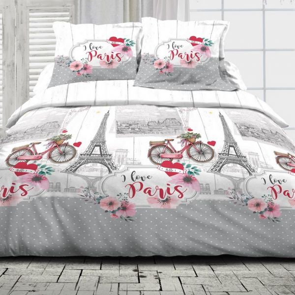 Parure de couette 220x240 100% Coton 57 fils I Love Paris Gris