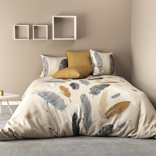 Housse de couette 100% Coton Plumplum Beige et taie d'oreiller