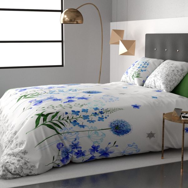 Housse de couette et taie d'oreiller coton Fleur Bleu