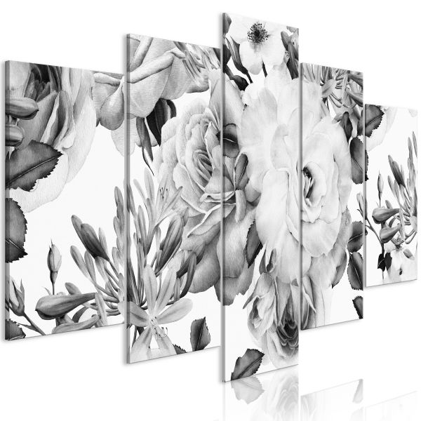Tableau Fleurs Rose Composition (5 Parts) Wide Black and White