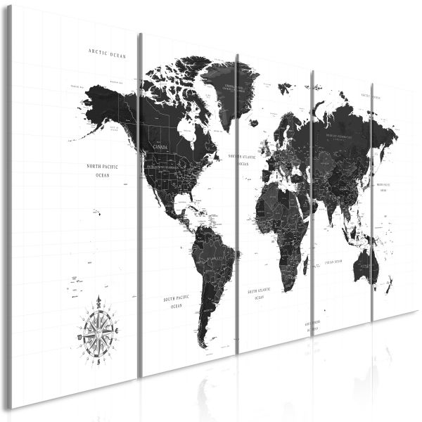 Tableau Cartes du monde Black and White Map (5 Parts) Narrow
