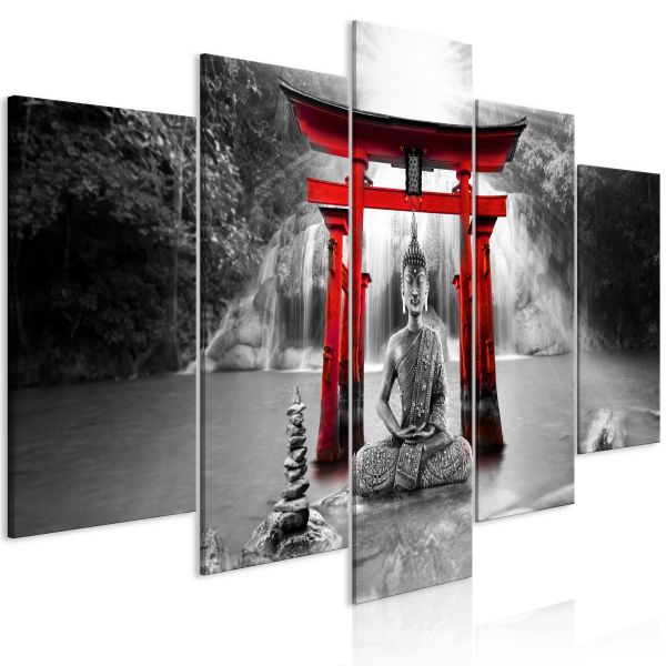 Tableau Zen Buddha Smile (5 Parts) Wide Red