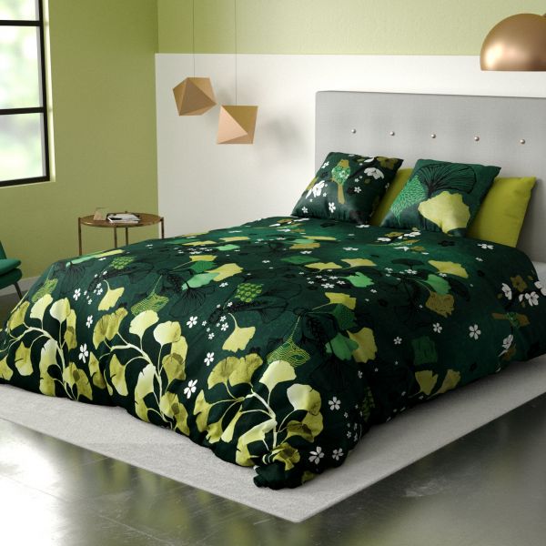 Parure de lit housse de couette avec taies d'oreiller 100% Coton 57 fils Ginko Vert