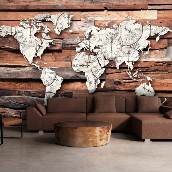 Papier peint intissé Carte du monde Map On Wood