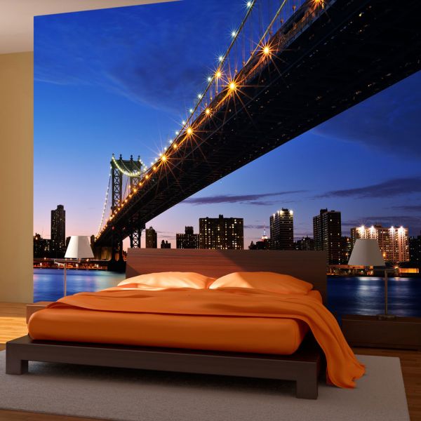 Papier peint intissé Ville et Architecture Manhattan Bridge illuminé la nuit