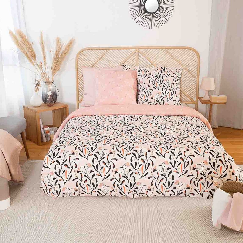 Housse de couette + taie(s) d'oreiller satin de coton - Jardin de Fleurs  Blanc