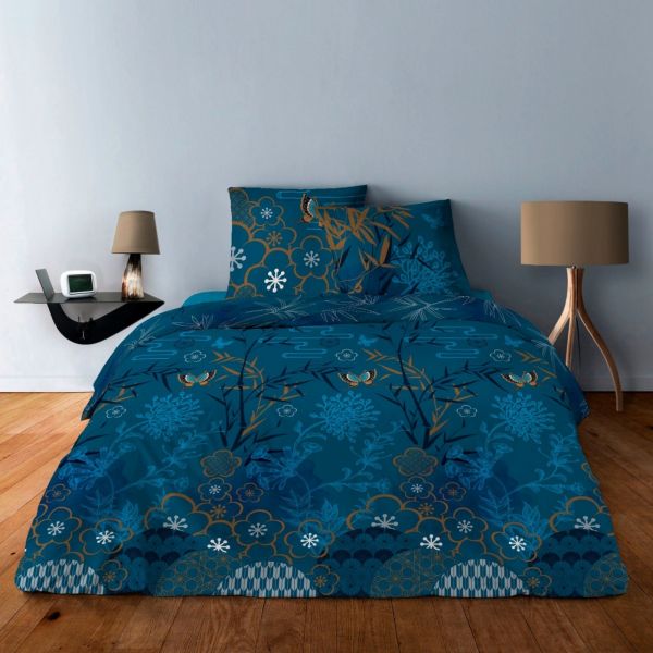 Housse de couette 220x240 cm + 2 taies d'oreiller 63x63 cm Coton Japonisant Bleu