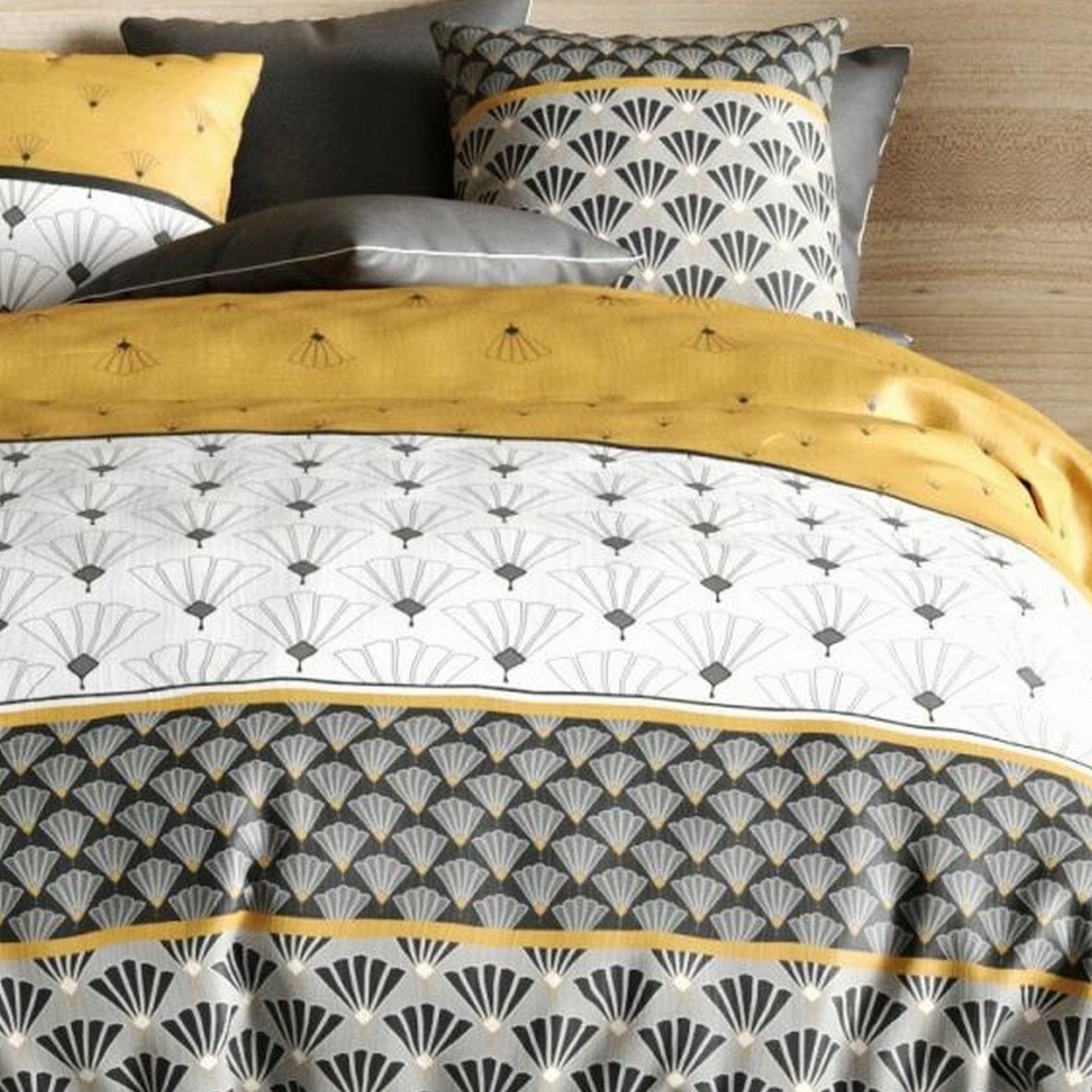 Parure De Lit 100% Coton 57 Fils - Housse De Couette 240x260 Cm + 2 Taies - Motif Géométrique Safran, Certifiée Oeko-Tex - 6