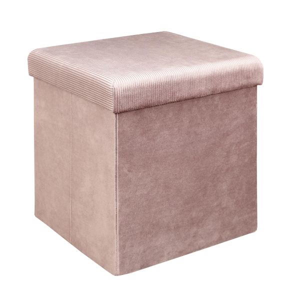 Pouf pliable coffre de rangement velours côtelé rose