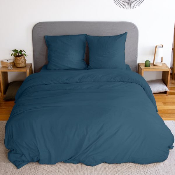 Housse de couette 240x260 cm + taies d'oreiller, microfibre lavé, Bleu Nuit