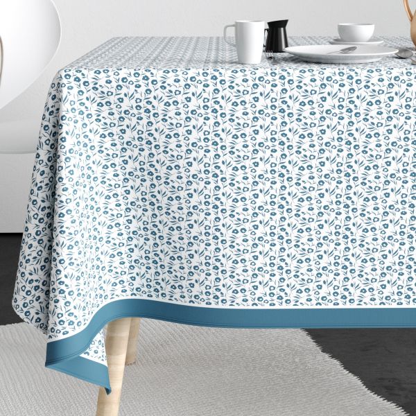 Nappe rectangulaire anti tache 140x200 cm Coton Fleurs Des Champs Bleu