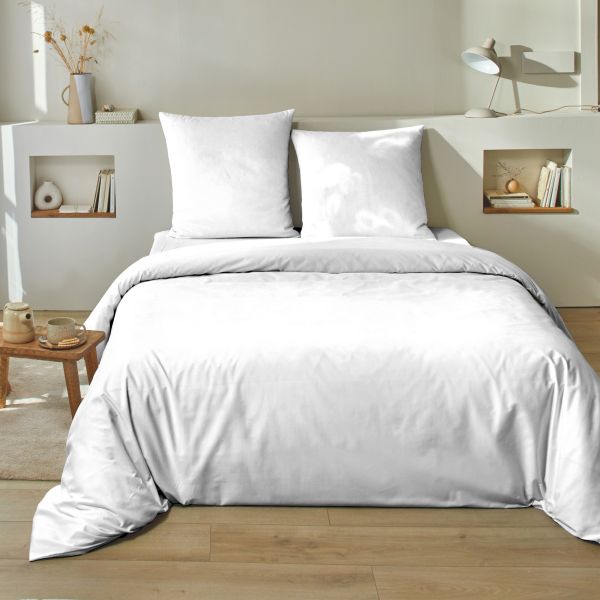 Housse de couette 220x240 cm + 2 taies 100% Satin de Coton Blanc