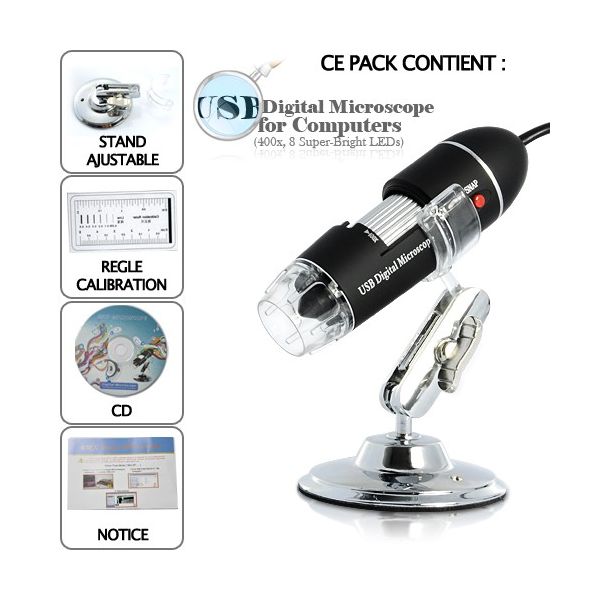 Microscope numérique USB (400x, 8 LEDs brillantes)