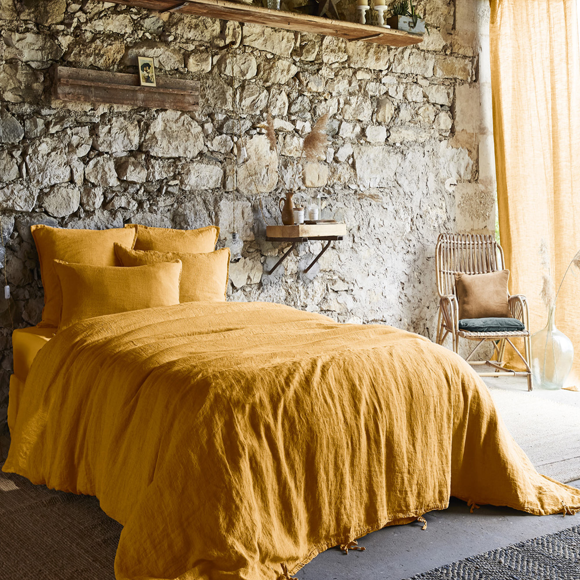 Rideau En Lin Lavé 140x270 Cm - Couleur Miel (jaune) - Ajustable - Certification Oeko-Tex - Neuf