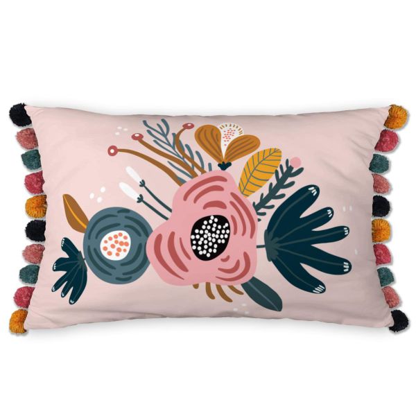 Coussin 30x50 cm Coton Champetre avec pompons