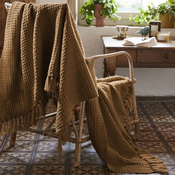 Plaid à franges 180x220 cm Polyéthylène Téréphtalate Camel