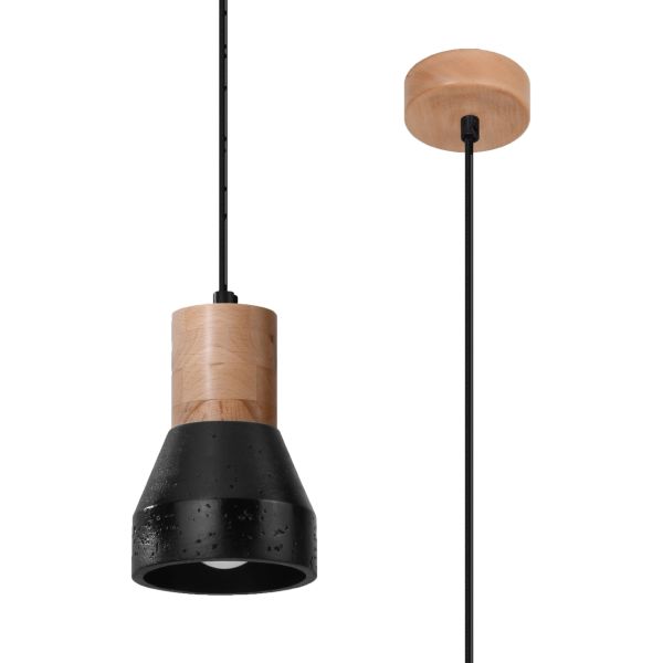 Suspension Béton Noir/Bois Naturel E27 1 Qubic