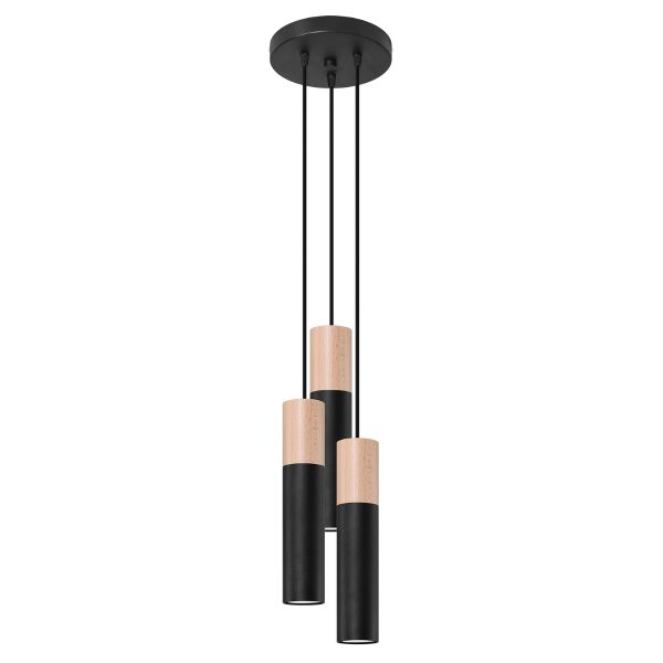Suspension Acier Noir/Bois Naturel GU10 3 Pablo