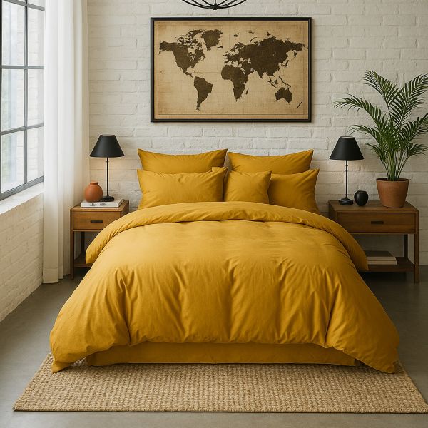 Housse de couette 240x260 cm Percale de Coton Lavé Jaune Moutarde