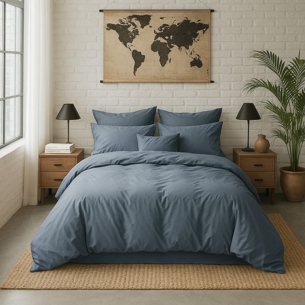 Housse de couette 240x260 cm Percale de Coton Lavé Bleu Forever
