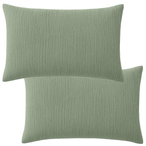 Lot 2 taies d'oreiller 50x70 cm Gaze de Coton Lavé Vert Givrée