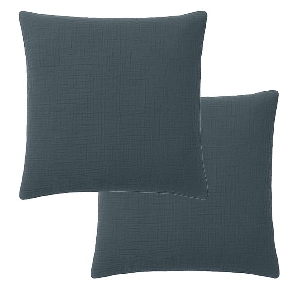 Lot 2 taies d'oreiller 65x65 cm Gaze de Coton Lavé Bleu Pétrole