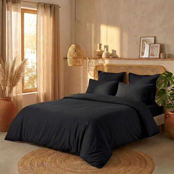 Housse de couette 240x260 cm + 2 taies 100% Percale de Coton 80 fils Noir