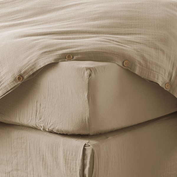 Drap housse 90x190+30 cm Gaze de Coton Terra Ficelle