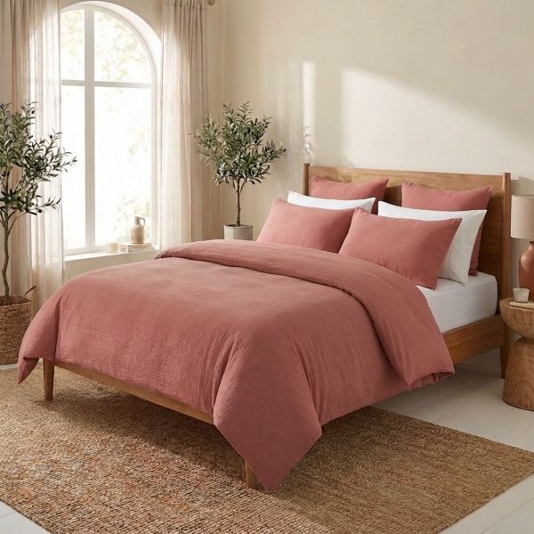 Parure de lit 220x240 cm Gaze de Coton - Coton 57 fils Terracotta