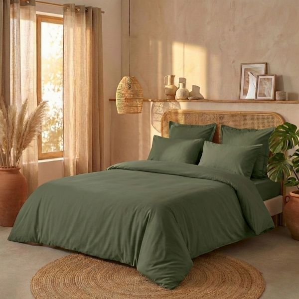 Parure de lit 240x260 cm Percale de Coton Vert Kaki