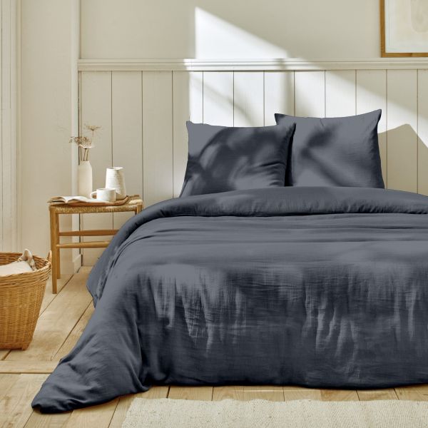 Parure de lit 240x260 cm Gaze de Coton Bleu Jean