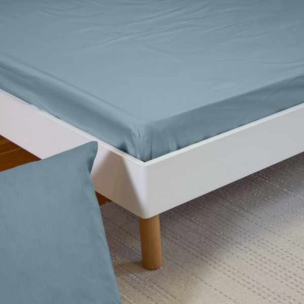 Drap Housse 140x190+27 cm Percale de Coton Bleu Fumé