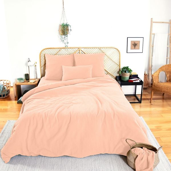 Parure de lit 240x260 cm Gaze de Coton - Coton 57 fils Rose Pêche