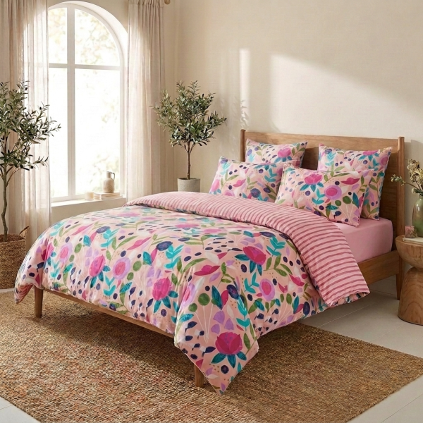 Parure de lit 240x260 cm Percale de Coton Floral Collage Rose - KATE MERRITT